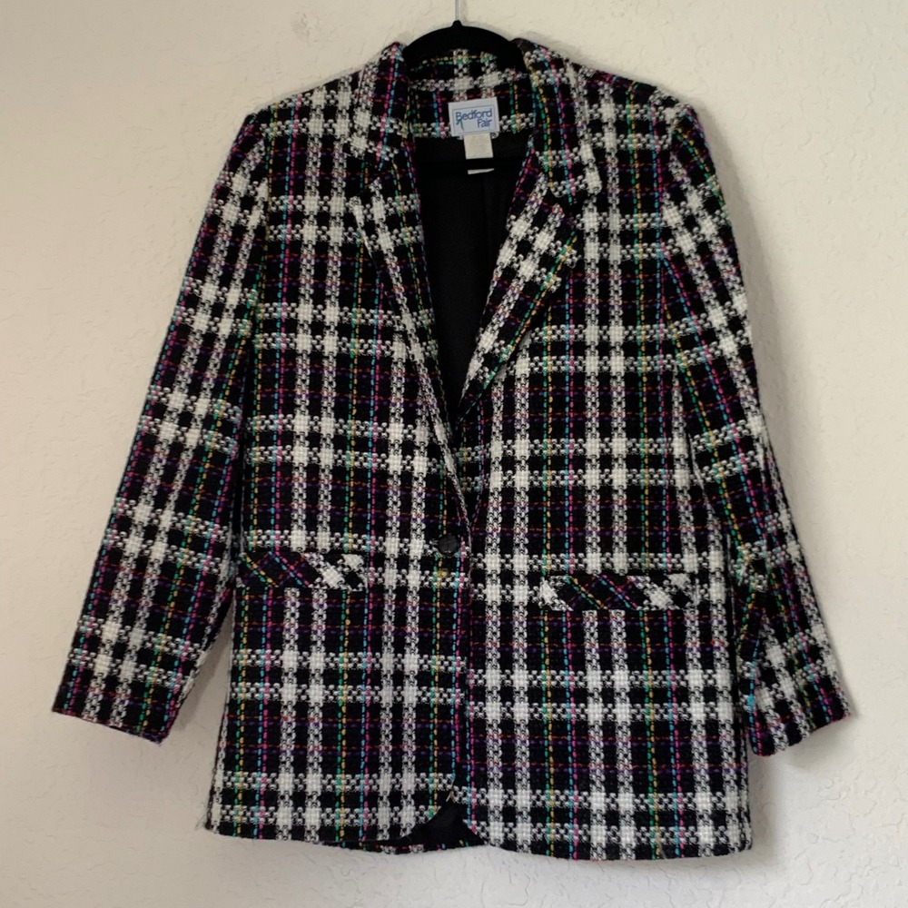 Vintage 90s Black Rainbow Plaid Tweed Blazer Women 10P Pockets Career Academia‎